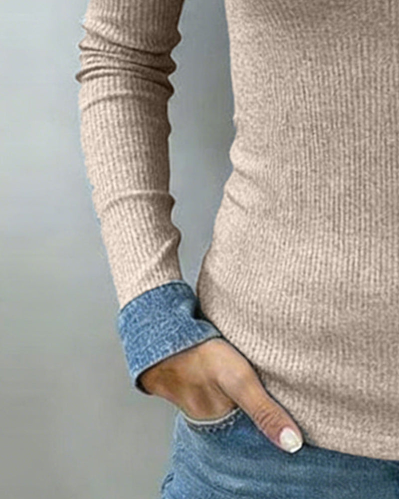 Top Contrastkleur Klep V-hals Lange Mouw