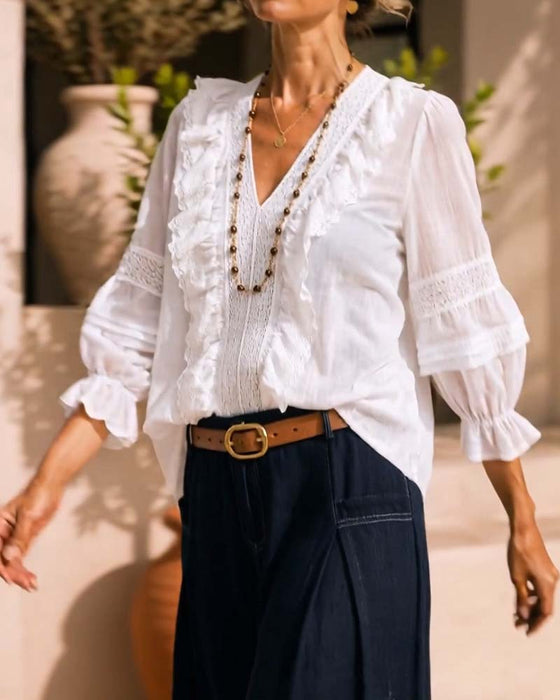 Blouse V-Hals Effen Kleur Kant