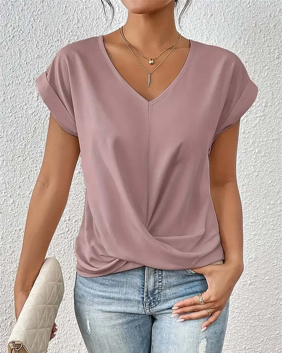 T-shirt V-hals Effen Kleur Elegante Korte Mouwen