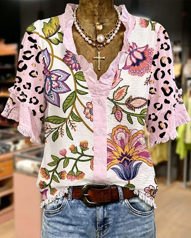 Blouse V-Hals Contrast Print