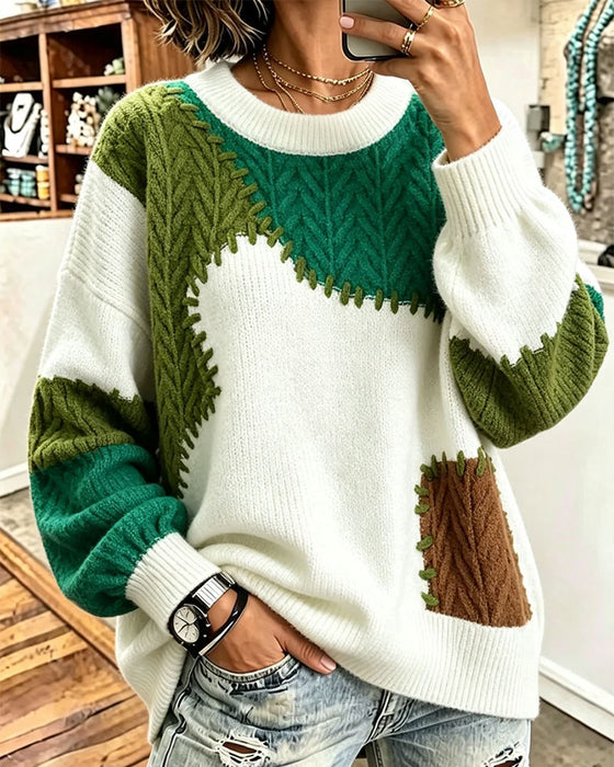 Pullover Ronde Hals Contrastrerend Verlaagde Schouder Patchwork