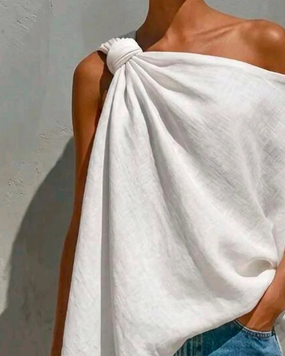 Blouses Een Schouder Knoop Asymmetrisch