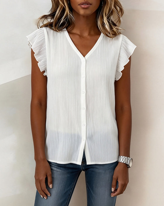 Blouse Geplooid V-hals Knoopsluiting