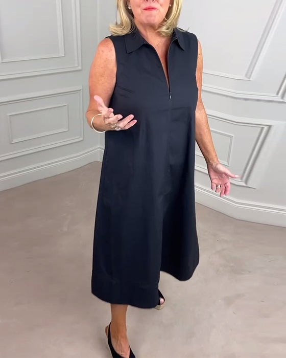 Effen kleur mouwloos revers casual jurk