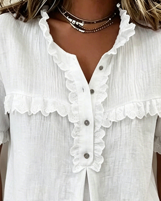Blouse V-Hals Halfe Knoopsluiting