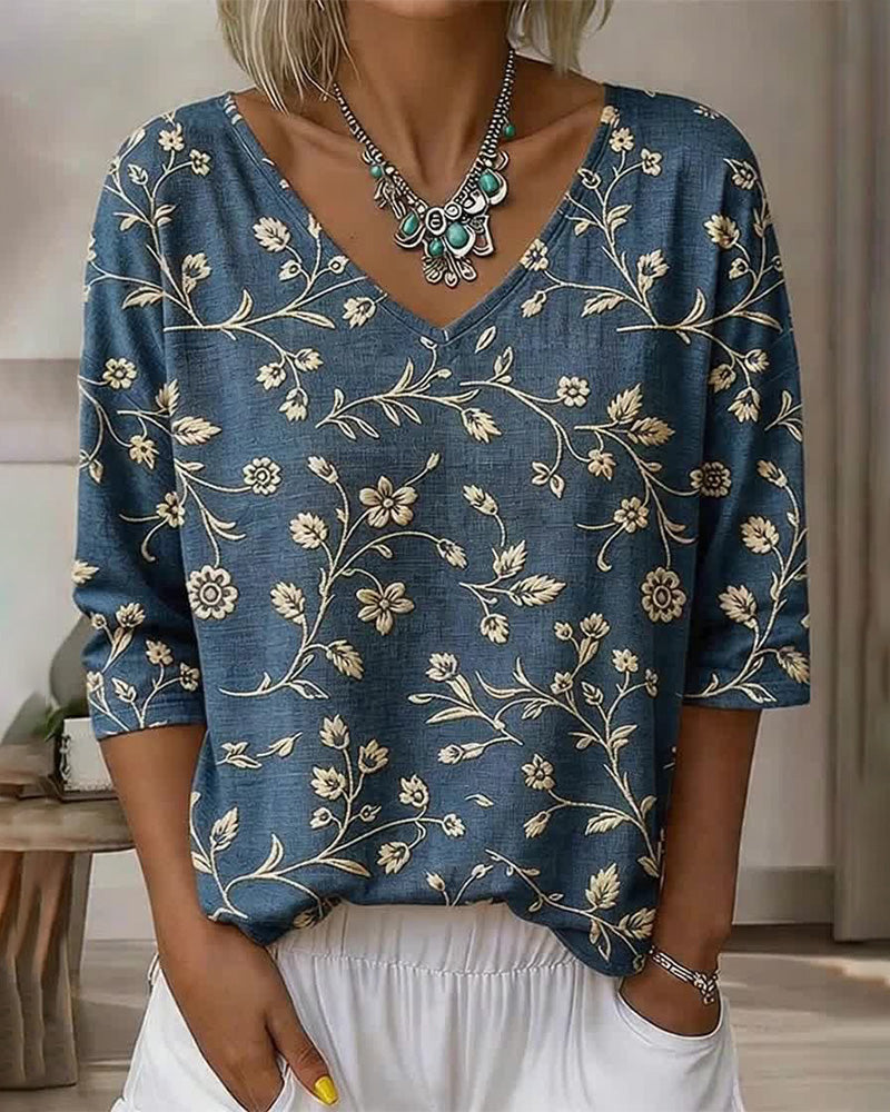 Blouse V-Hals Half Mouw Bloemen