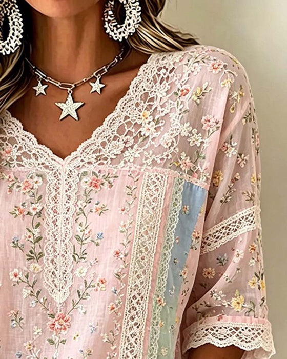 Blouse V-Hals Kant Patchwork Contrast Bloemen
