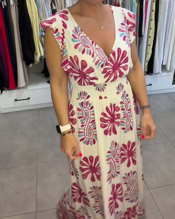 Jurk Bloemen Taille-Riem Fladder-Mouw Vakantie Maxi