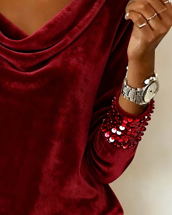 Top Met Gedrapeerde Kraag Van Fluweel Met Pailletten