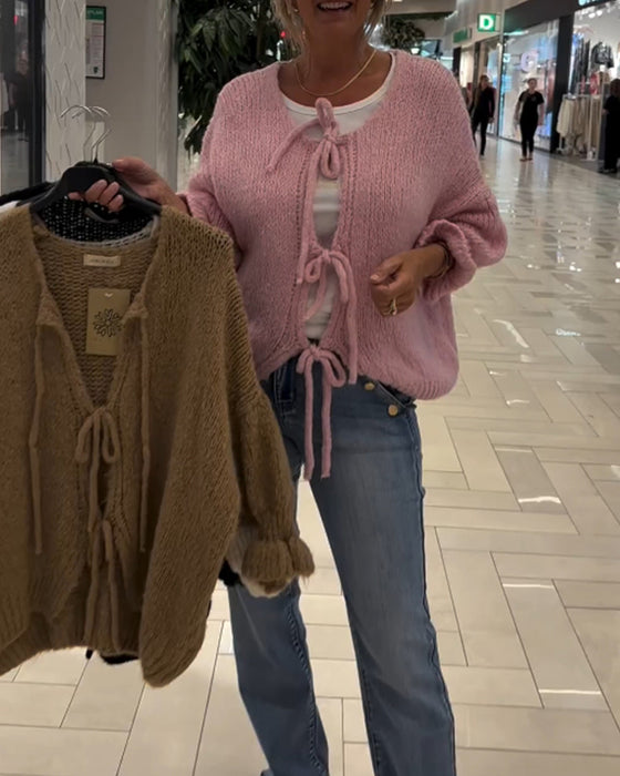 Casual effen cardigan met vetersluiting en lange mouwen