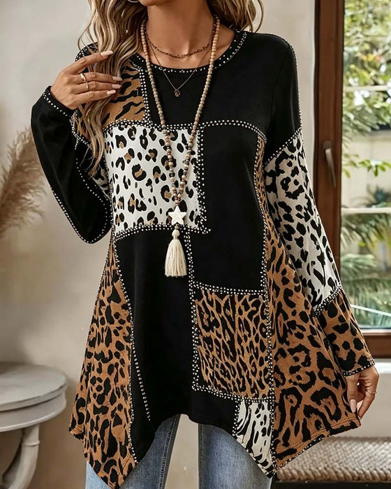 Blouse Luipaard Print Patchwork Onregelmatig