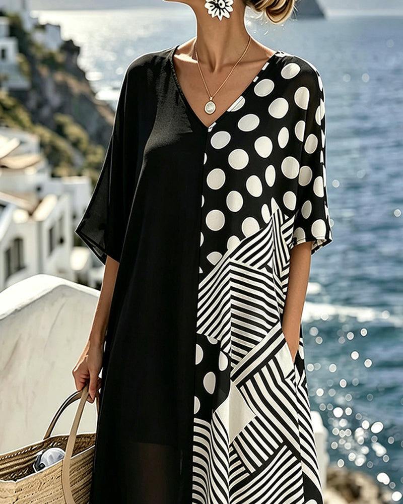 Jurk V-Hals Polka Dot Streep Patchwork