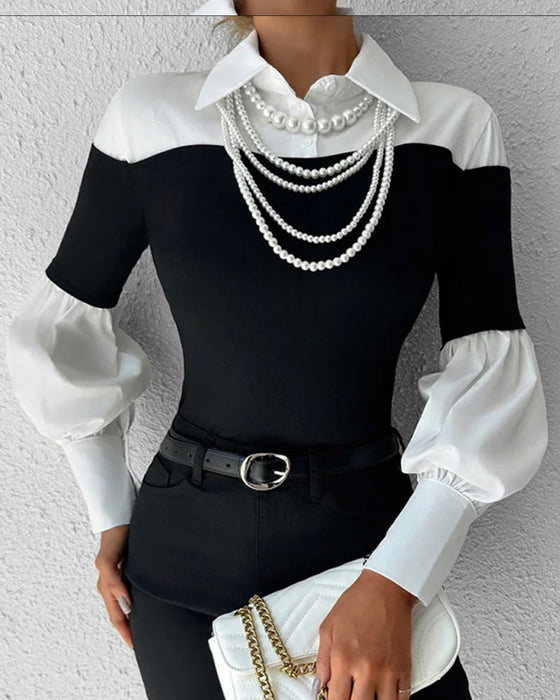 Top Kleurblok Off-Shoulder Lantaarnmouw Patchwork