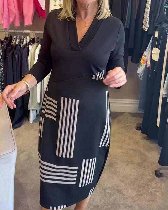 Jurk Geometrische Streep V-Hals Bodycon Midi
