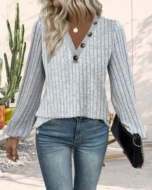 Casual effen V-hals top met knoopjes
