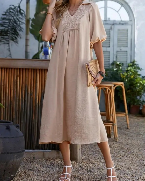 Jurk V-Hals Klep Pof Mouw Maxi