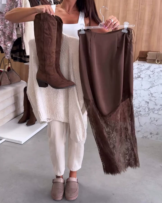 Elegante Satijnen Rok Met Kanten Patchwork