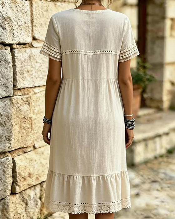 Jurk Kant Ruffle Rond-Hals Korte-Mouw