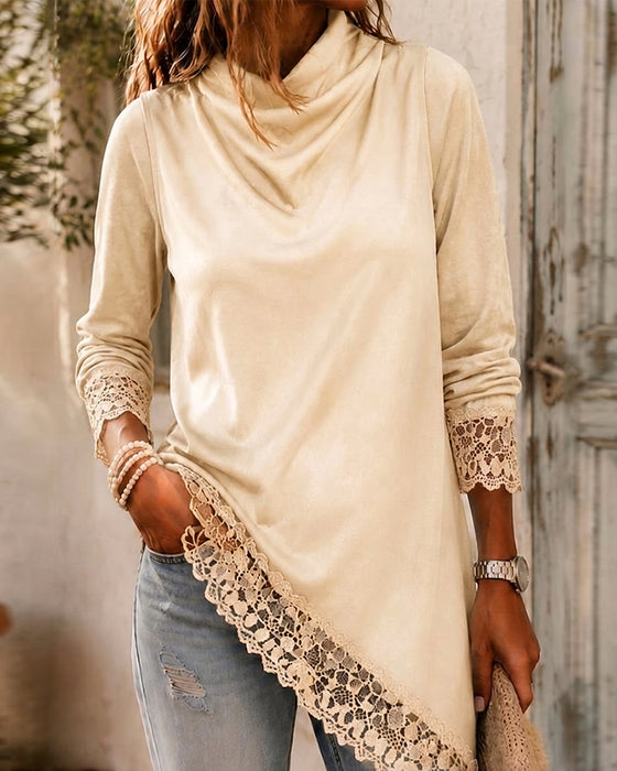 Top Mock Neck Kant Patchwork Onregelmatig