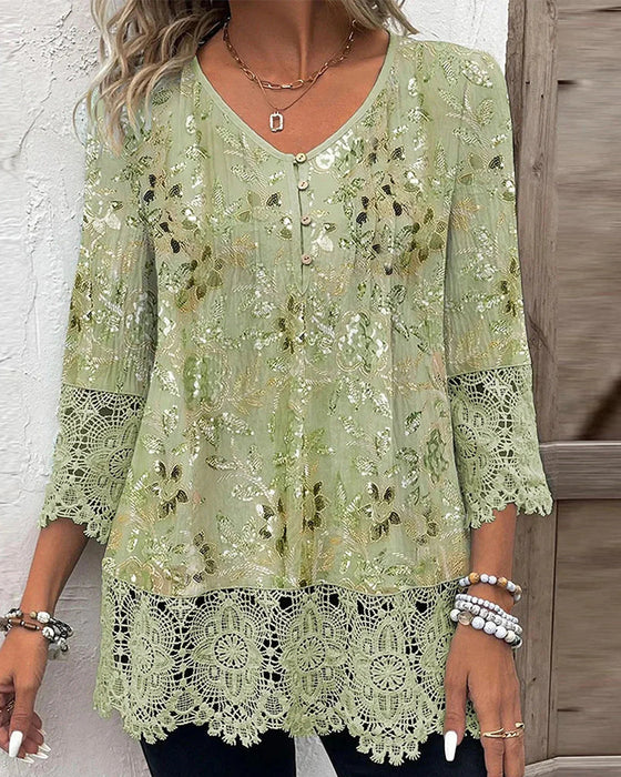 Blouse Kant Patchwork Bloemen V-Hals