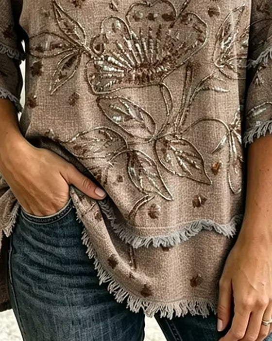 Blouse V-Hals Kwastje Rafelig Driekwart Mouw