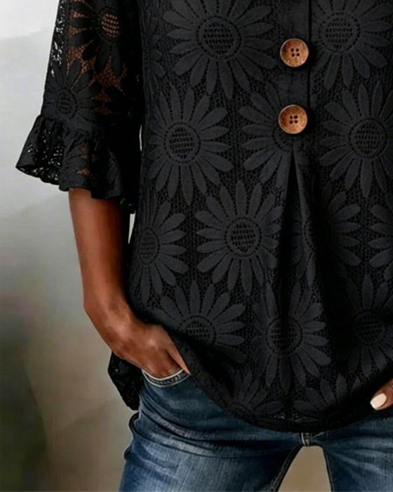 Blouse Met Gerimpeld Madeliefjespatroon En Pofmouwen