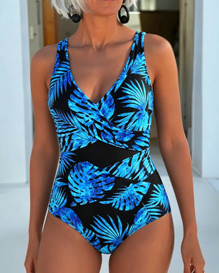 One-Piece Zwart Achtergrond Blauw Monstera Blad Badpak