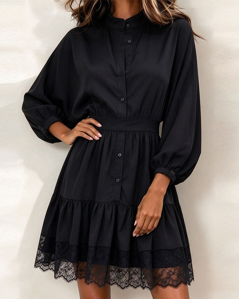 Jurk Staande Kraag Lantaarnmouw Kant Patchwork
