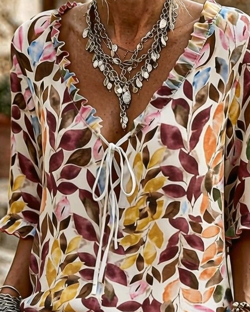 Casual Bedrukte Blouse Met Ruche Mouwen