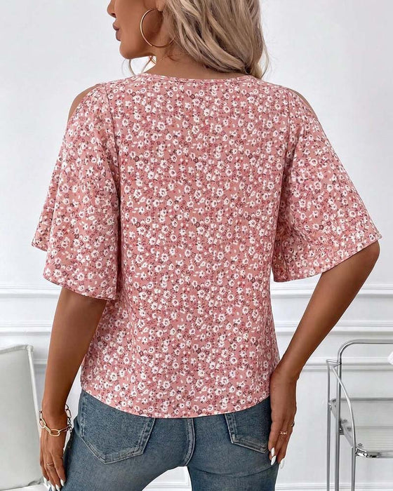 Blouse V-Hals Bloemen Off-Shoulder Flutter Mouw