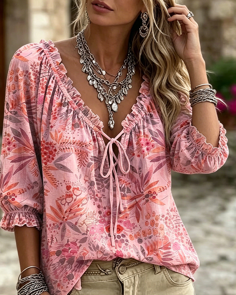 Blouse V-Hals Met Vetersluiting