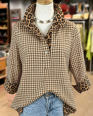Blouse Slag Luipaard Patchwork Ruit