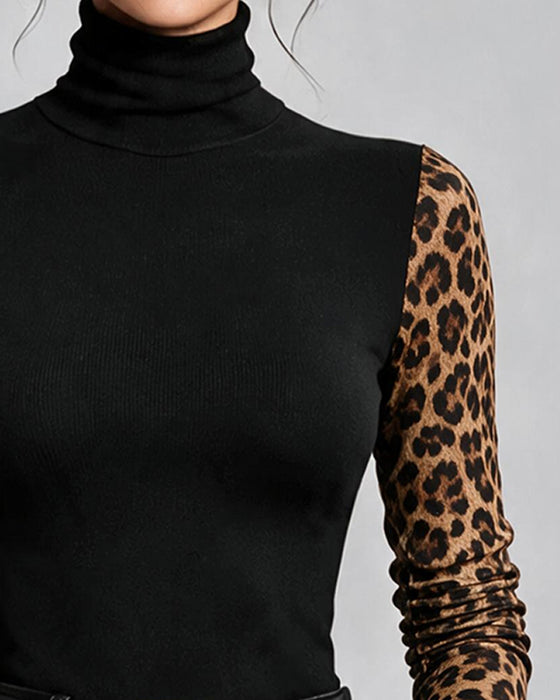 Top Luipaardprint Samengevoegd Hoge Hals Slimfit