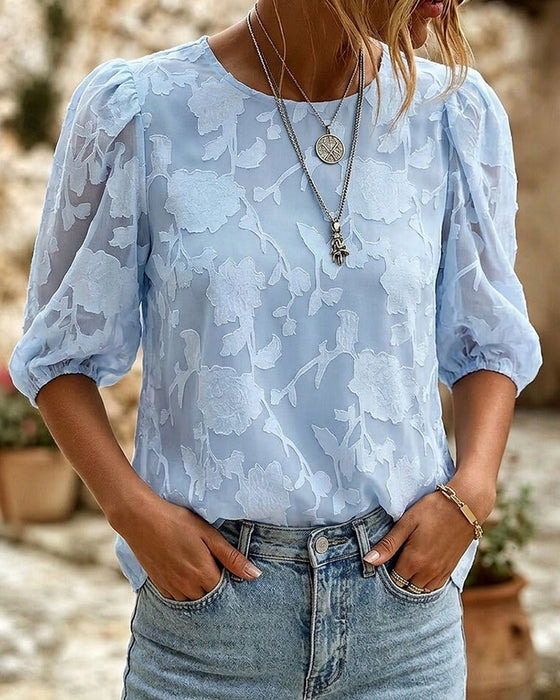 Ronde Hals Blouse Met Pofmouwen