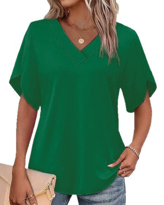 T-Shirt V-Hals Kleine Split Korte Mouw Effen