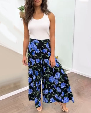 Broek met hoge taille en wijde pijpen met bloemenprint