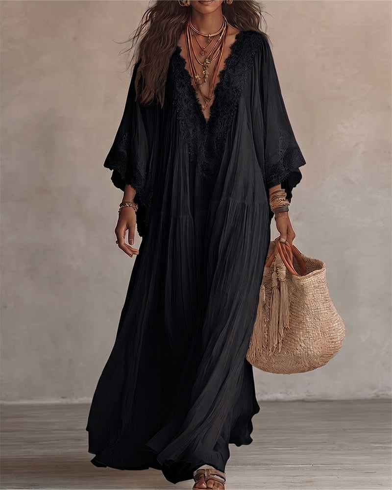 Jurk V-Hals Kant Patchwork Effen