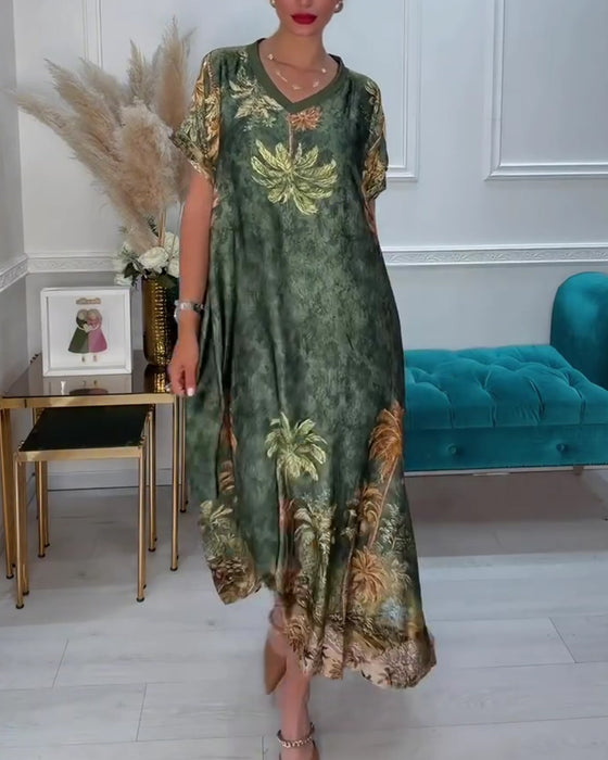 Jurk V-Hals Palmboom Print Korte Mouw Lang