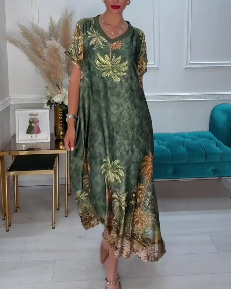 Jurk V-Hals Palmboom Print Korte Mouw Lang
