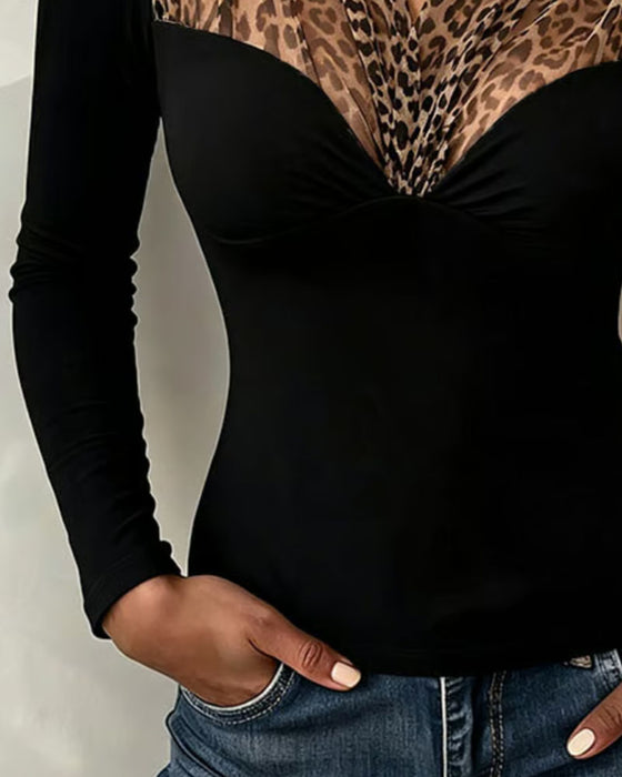Top Luipaard Mesh Patchwork V-Hals Nauwsluitend