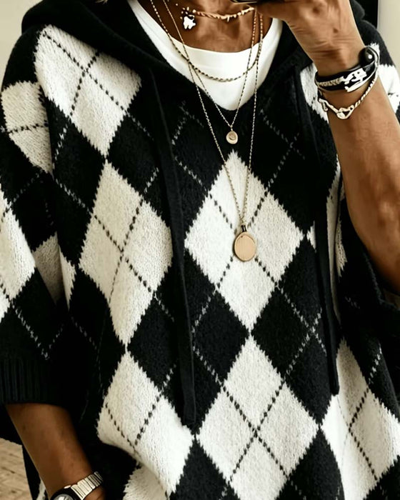 Pullover Plaid Met Capuchon Driekwart Mouw