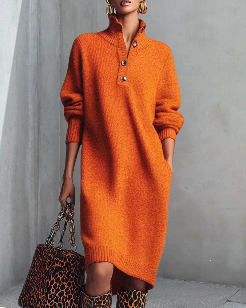 Effen Kleur Jurk Met Knopen En Hoge Hals