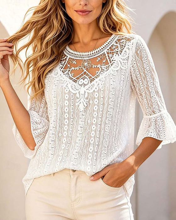 Blouse Rondhals Hollow Out Kant Patchwork