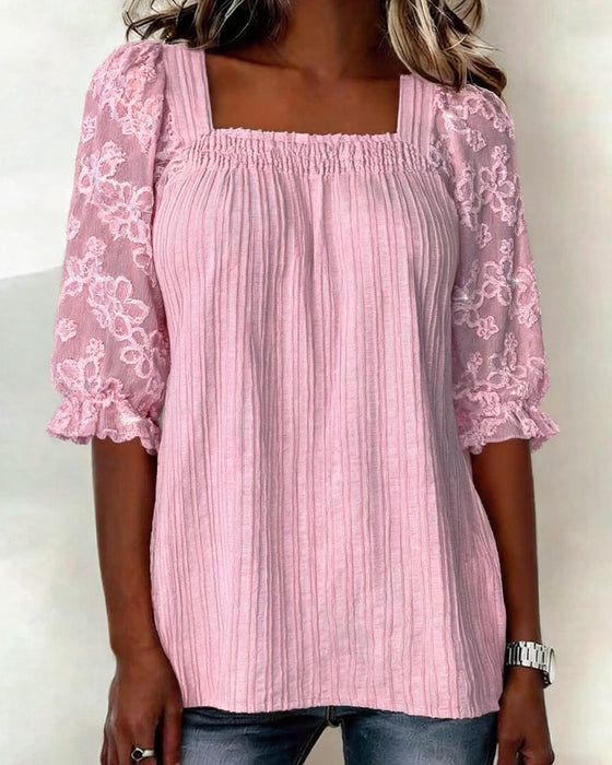 Blouse Relaxed Vierkante Hals Pofmouw Gerimpeld