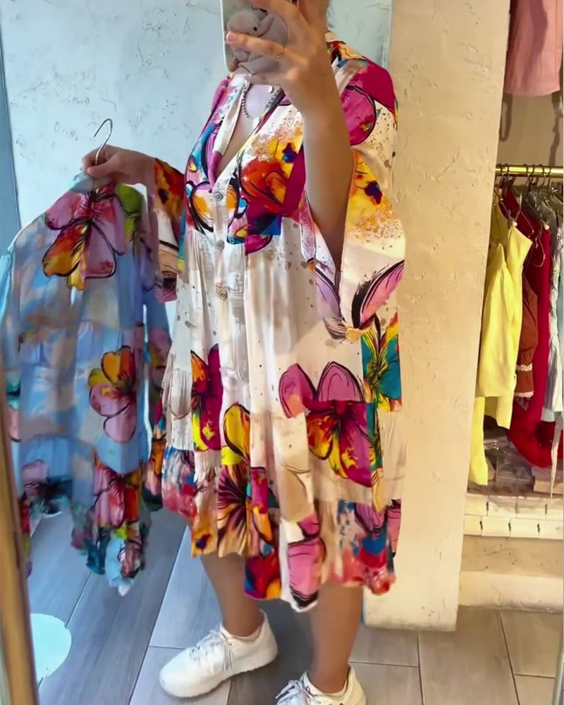 Jurk Kleurrijk Groot Bloemig Print Kort