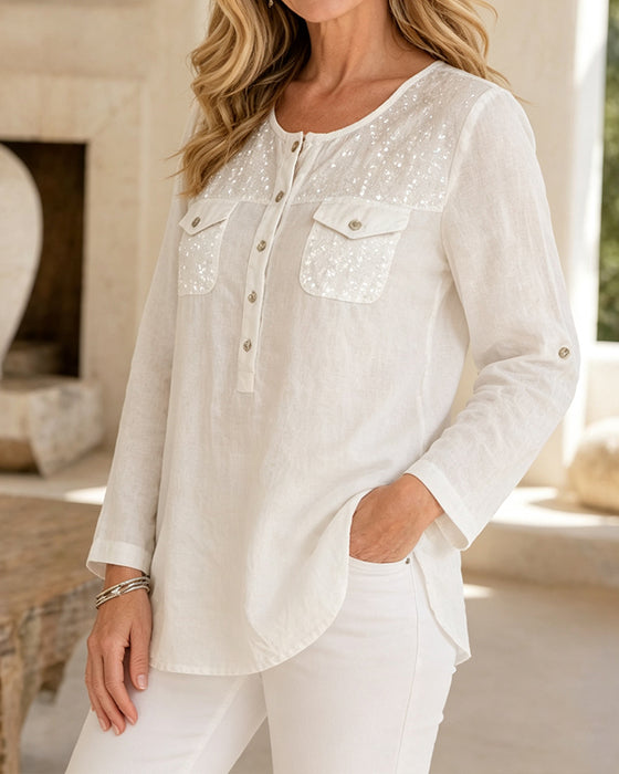 Blouse Ronde Hals Knoopsluiting Lange Mouw