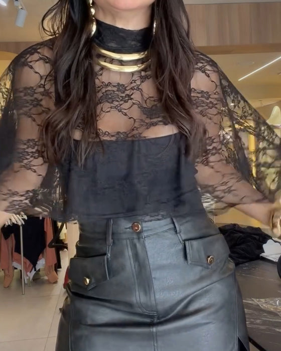 Blouse Hoge Hals Kant Sheer Sexy