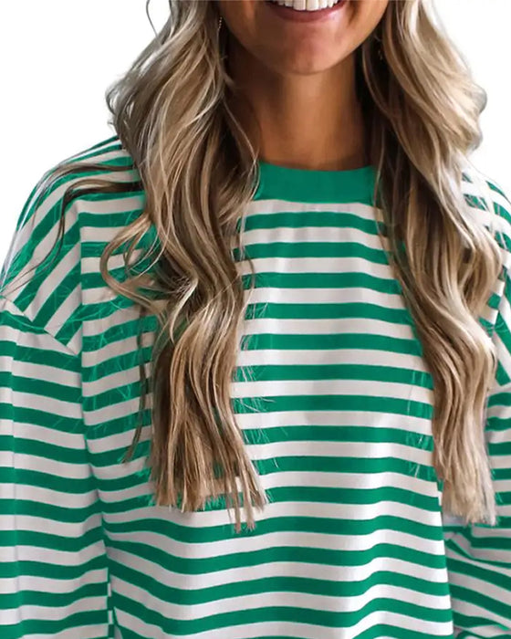 Blouse Ronde Hals Drop Schouder Streep Uitsnede