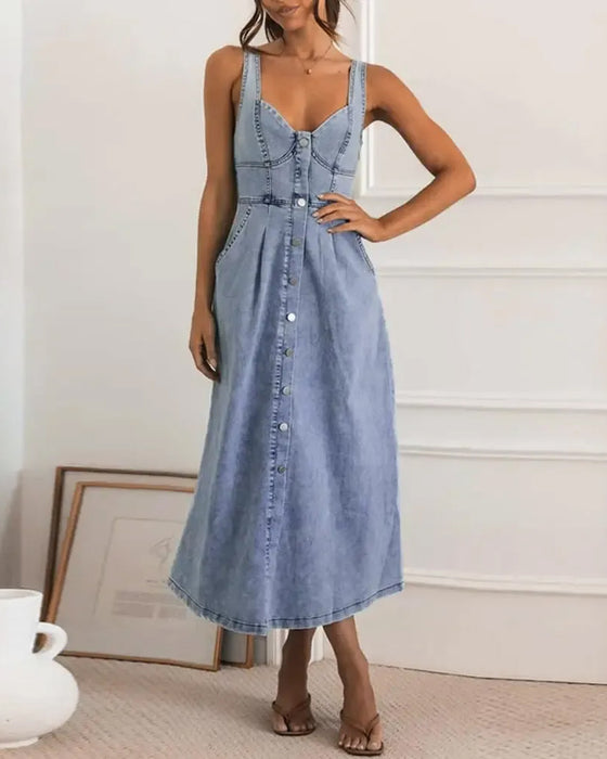 Jurk Spaghettibandje Knoop Taille Gesnoerd Denim
