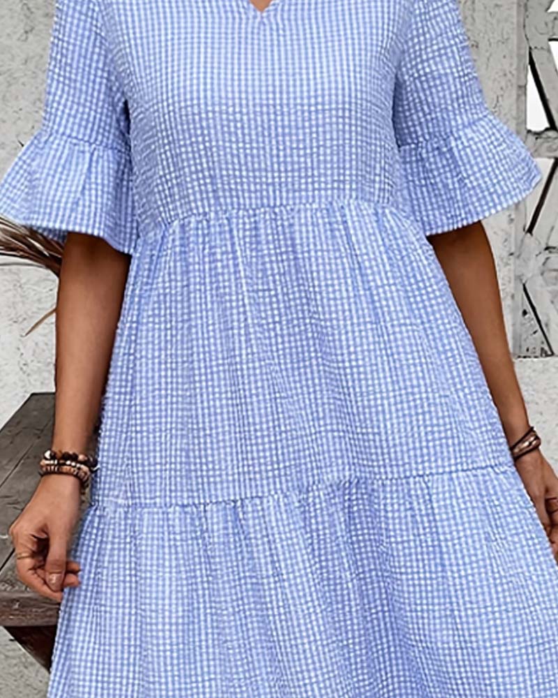 Jurk Blauw Wit Gingham V-Hals
